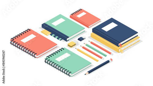 Isometric office supplies with notebooks and pencils in pastel colors