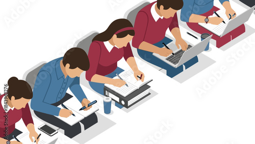 Isometric study and work scene featuring office workers at desks with laptops and notebooks