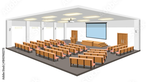 Modern isometric classroom interior with projector and rows of wooden seats
