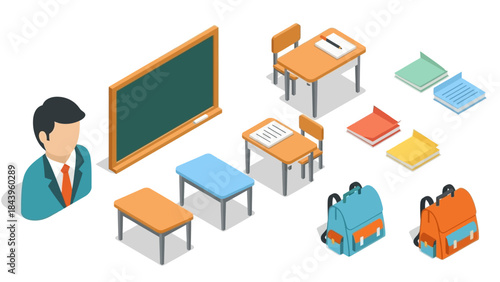 Isometric school classroom setup with desks, blackboard, and supplies