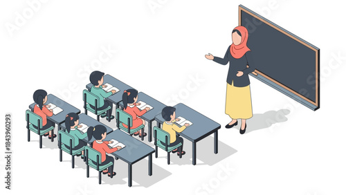 Classroom learning with teacher and students in isometric style