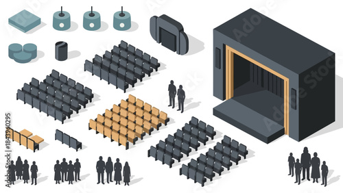 Isometric theater elements with stage and audience silhouettes for event planning