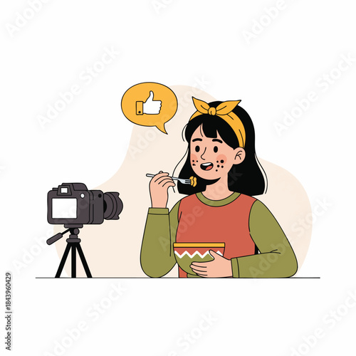 A young woman, a food vlogger or influencer, records a video of herself eating. She creates content for social media, like a mukbang or review