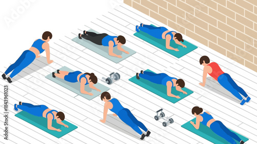Isometric group fitness class with diverse exercises on yoga mats in gym