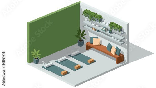 Cozy isometric yoga room with plants, shelves, and meditation mats in a minimalist style