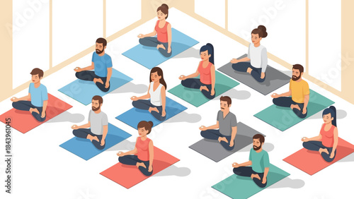 Diverse group practicing meditation in modern yoga studio setting