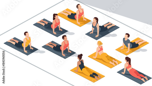 Group yoga class in isometric view with diverse people practicing upward dog pose