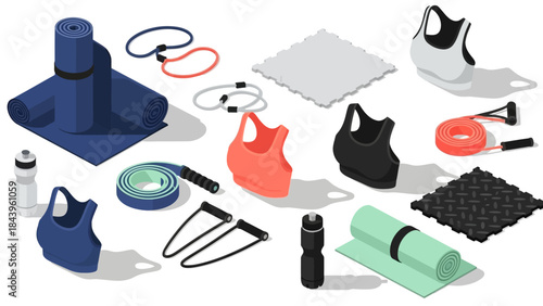 Fitness equipment isometric set: yoga mats, resistance bands, sports bras, and more
