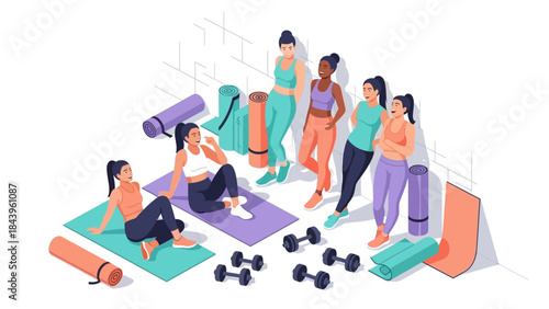 Diverse group of women exercising in gym with yoga mats and dumbbells in flat style