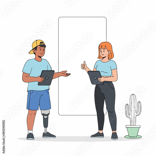 Diverse colleagues collaborate with tablets, one with a prosthetic leg, in a modern workspace.