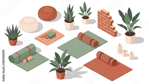 Isometric yoga setup with mats, plants, and tranquil decor elements