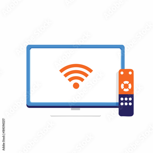 Flat design television screen with Wi-Fi symbol and remote control, vector illustration