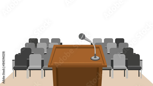 Podium with microphone in empty conference room: business presentation setup