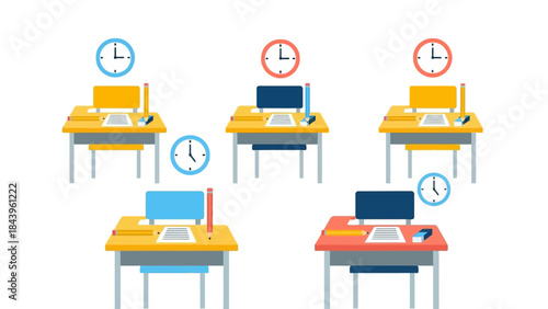 Classroom desks with clocks and stationery in flat style