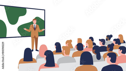 Flat design presentation with an engaged audience in a modern conference setting