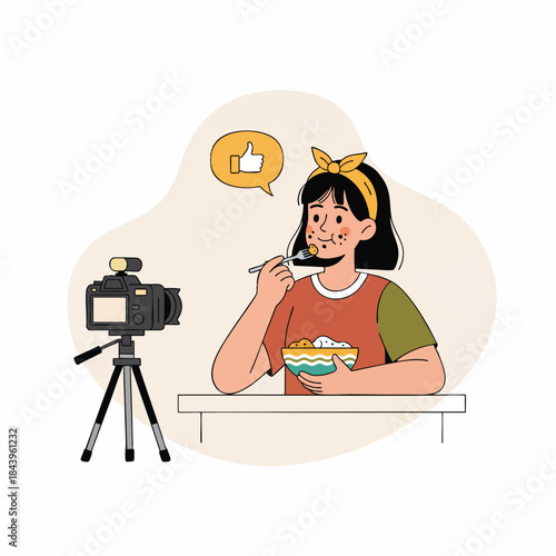 Food blogger eating food in front of camera, thumbs up icon indicating approval and popularity