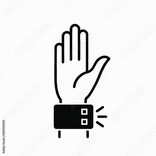 Hand wearing wearable tech device, stop gesture icon