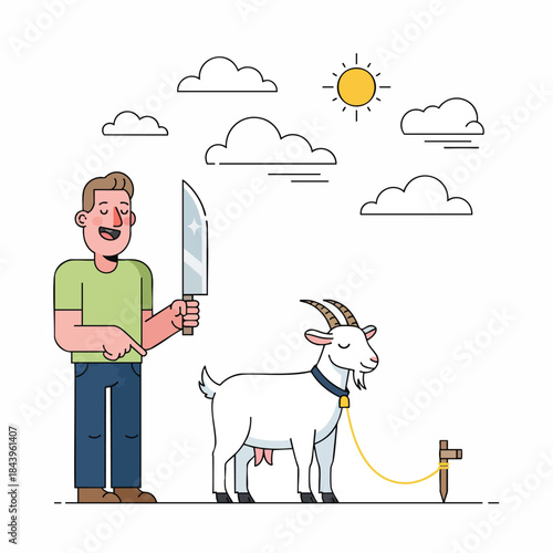 Man Holding Knife Ready to Prepare Goat Meat Outdoors