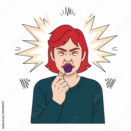 Person recoils from sour lollipop, expressing disgust with wrinkled nose and squinted eyes.