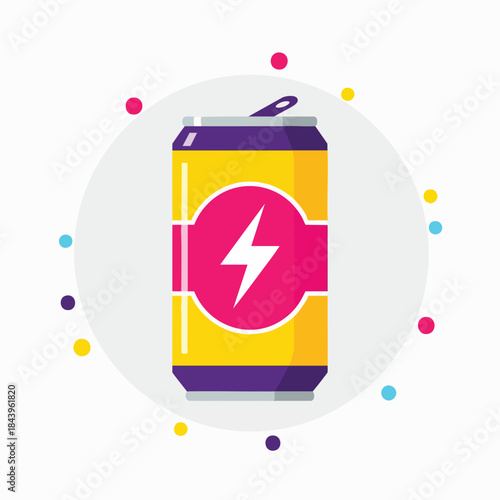 Vibrant energy drink can with lightning bolt logo and colorful confetti.