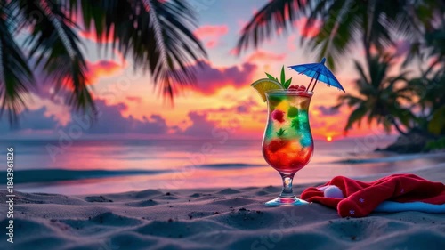 Tropical sunset cocktail on beach with palm trees and vibrant sky