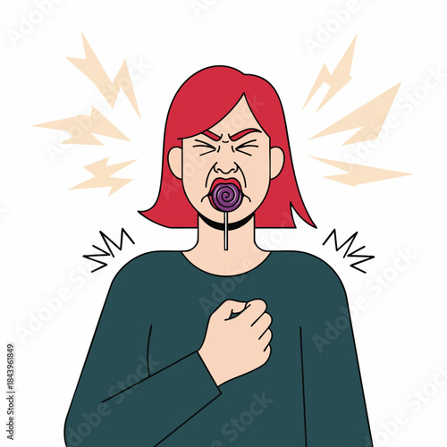 Woman with lollipop in mouth expressing discomfort and pain
