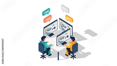 Collaborative remote work with two people at computers in modern isometric design