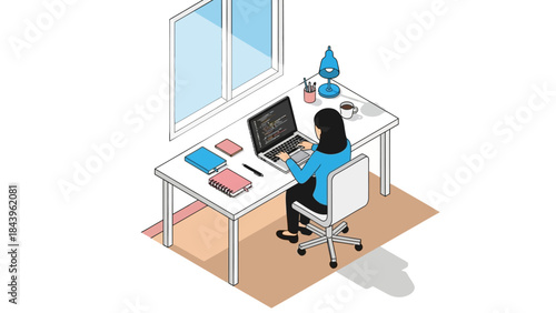 Modern isometric office workspace with coder at desk in minimalist style