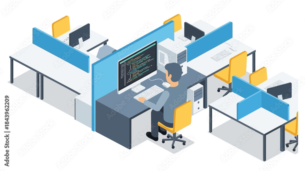 Fototapeta premium Isometric office workspace with programmer at desk and modern computers