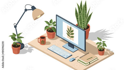 Minimalist isometric workspace with plants and computer for home office inspiration