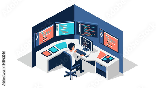 Isometric programmer at multi-screen workstation with code monitors