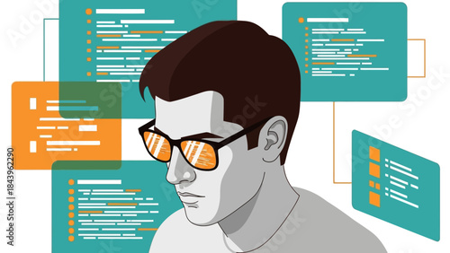 Tech innovator analyzing code in a digital workspace concept