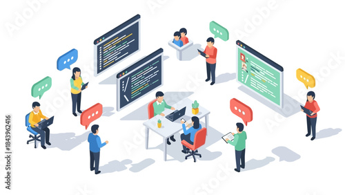 Collaborative office teamwork in a modern isometric workspace with digital technology