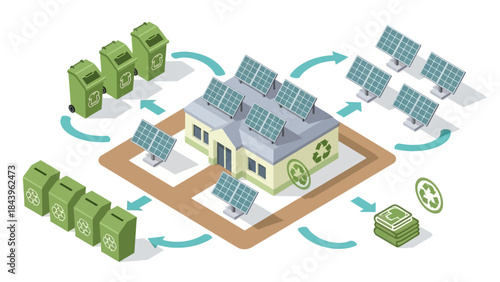 Isometric eco-friendly house with solar panels and recycling bins