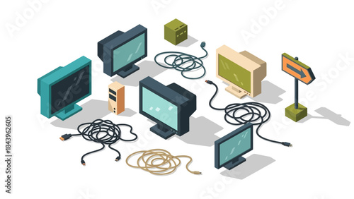 Retro isometric computer setup with monitors, cables, and signs