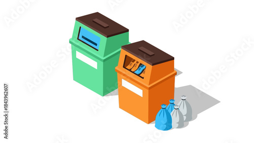 Colorful isometric recycling bins with trash bags and electronic waste