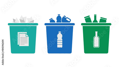 Recycling bins with paper, plastic, and glass for waste segregation