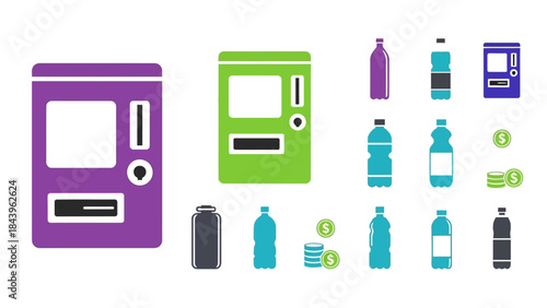 Colorful beverage vending machines and bottles with coin symbols