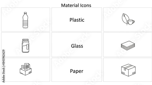 Minimalist material icons for recycling: plastic, glass, paper