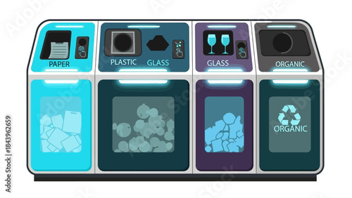 Modern recycling station with separate containers for paper, plastic, glass, and organic waste in flat design