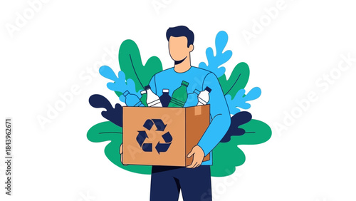 Recycling awareness: man holding box of recyclable bottles with eco-friendly design