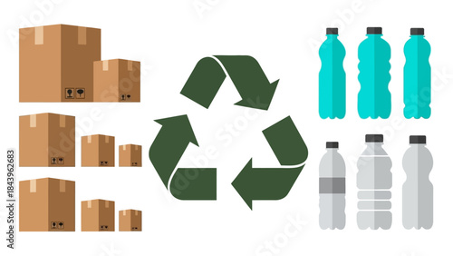 Recycling symbol with cardboard boxes and plastic bottles on white background