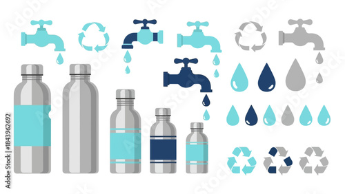 Eco-friendly water conservation: reusable bottles and taps with recycling symbols