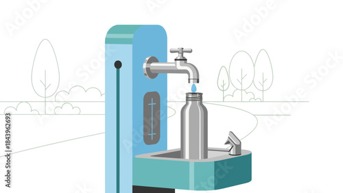 Eco-friendly water refill station with stainless steel bottle outdoors