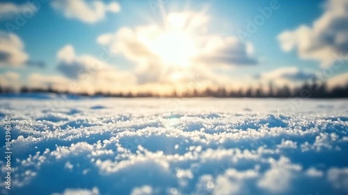 Winter Wonderland: Close-up of snow crystals bathed in sunlight, the bright sun casting a warm glow, creating a beautiful winter scenery.