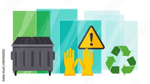 Waste management symbols: recycling, safety gloves, and hazard sign with dumpster