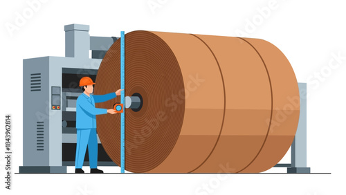 Technician in hard hat operating large industrial paper machine