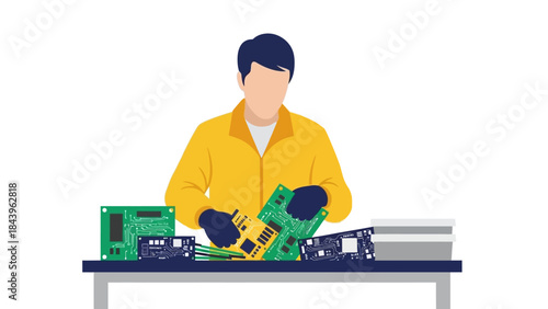 Technician assembling circuit boards in modern workshop setting