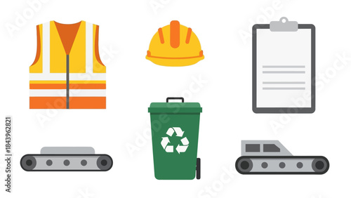 Construction safety equipment and recycling icons set