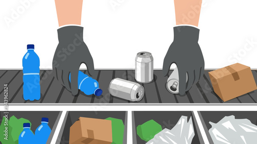 Recycling center sorting process with gloved hands and various materials on conveyor belt